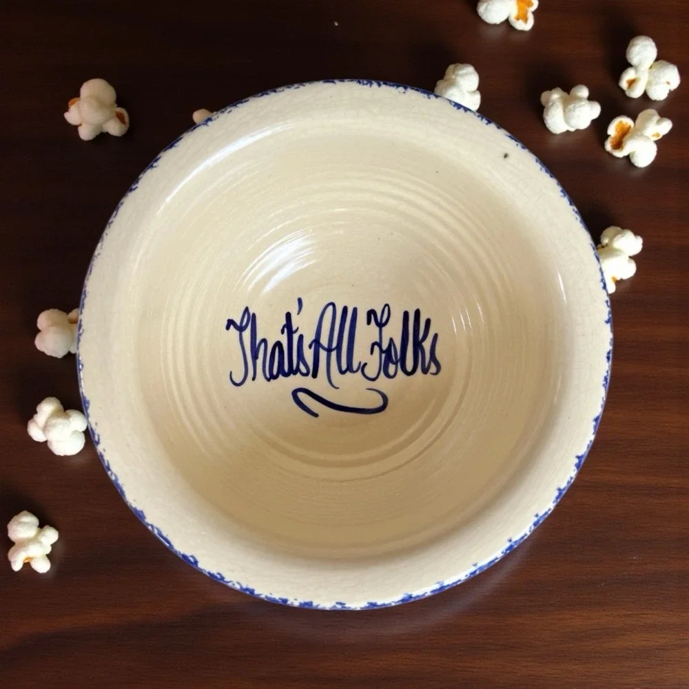 Sponge Ware Large Popcorn Bowl Blue Ivory THAT'S ALL Folks Handmade Pottery EUC